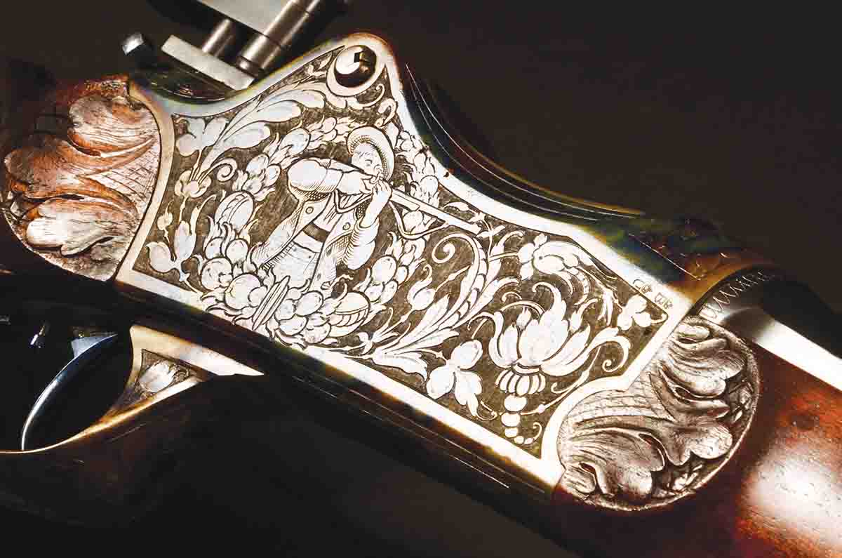 German Schützen rifles are found with an extraordinary variety of engraving. The engraver, like the gunmaker, is anonymous, but the work is lovely.